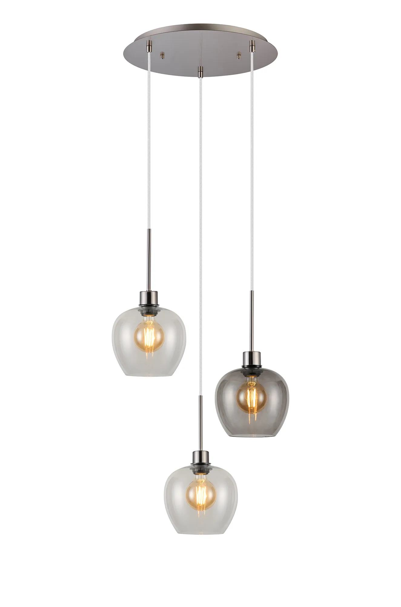 DK1372  Lori 40cm Round Pendant, 3 Light Adjustable E27, Satin Nickel/Clear/Smoke Wine Shades
